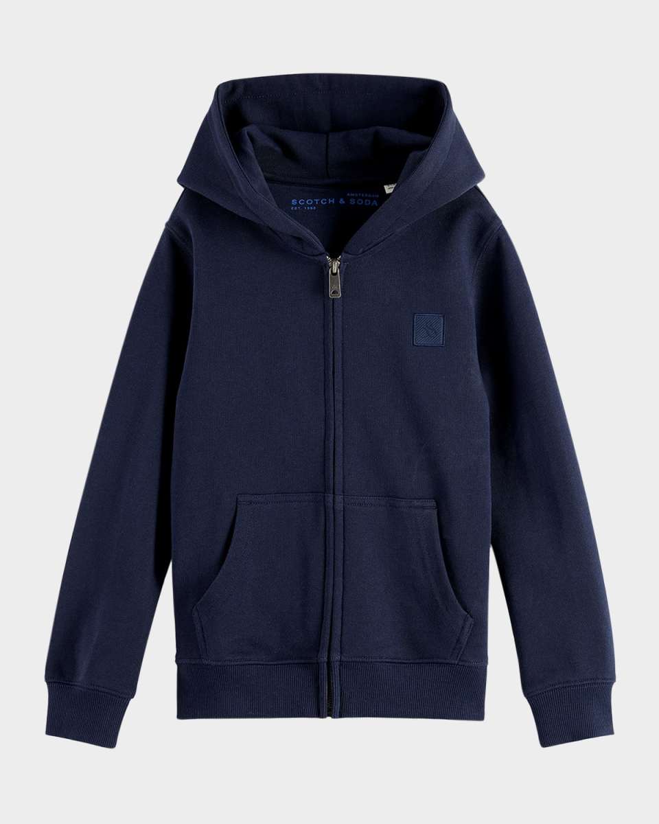 Boy's Core French Terry Logo Badge Zip-Front Hoodie, Size 4-12